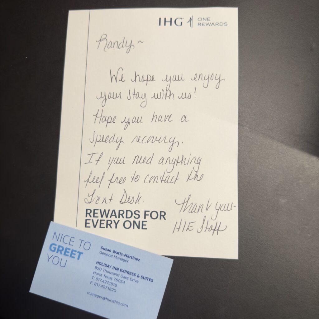 Handwritten Note From Holiday Inn Express, Hurst, Texas